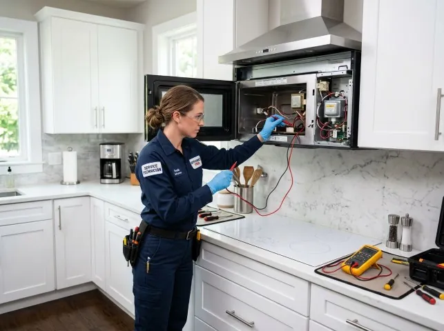 Appliance Repair Hero technician testing an over-the-range microwave in a Agoura Hills, CA kitchen